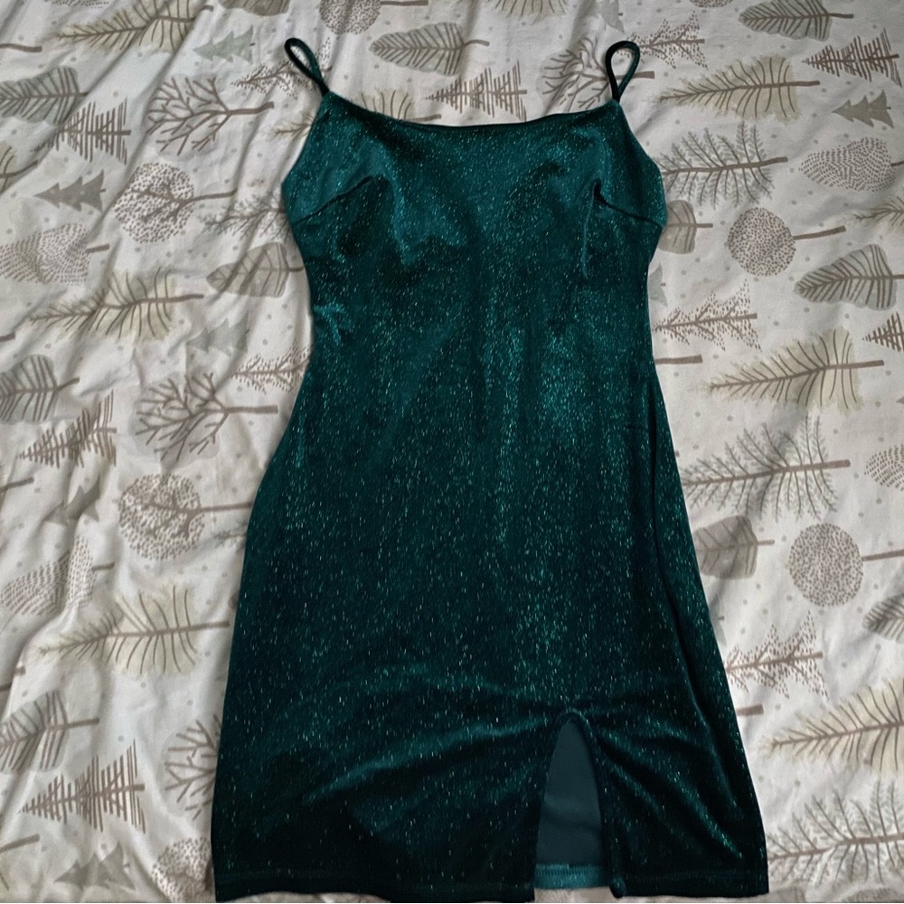 Windsor Emerald Green Glitter Spaghetti Strap Mini Dress - Picture 1 of 2